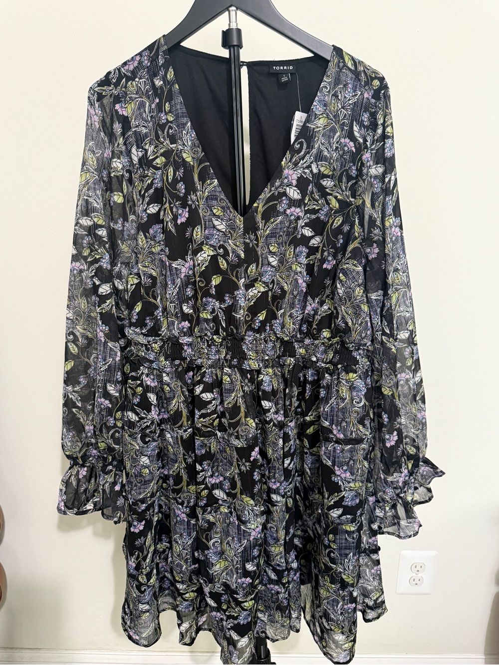 torrid Black Floral V-Neck Chiffon Dress with Lavender and Olive Print